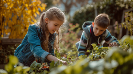 Young smiling girl working at garden and digging out fresh green lettuce, garden expert is teaching group of teenage student.