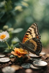 Fototapeta premium A butterfly sitting on a flower with coins scattered around it. Generative AI.