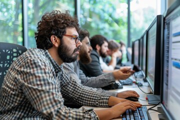 A group of men sitting at computers in a room with windows. Generative AI.