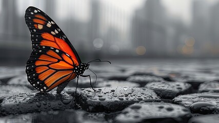 Contrast meets hope in this black and white cityscape with a vibrant butterfly—a powerful symbol of transformation and positivity.