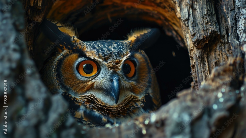 Poster an owl peeking out of a hole in the tree trunk. generative ai.