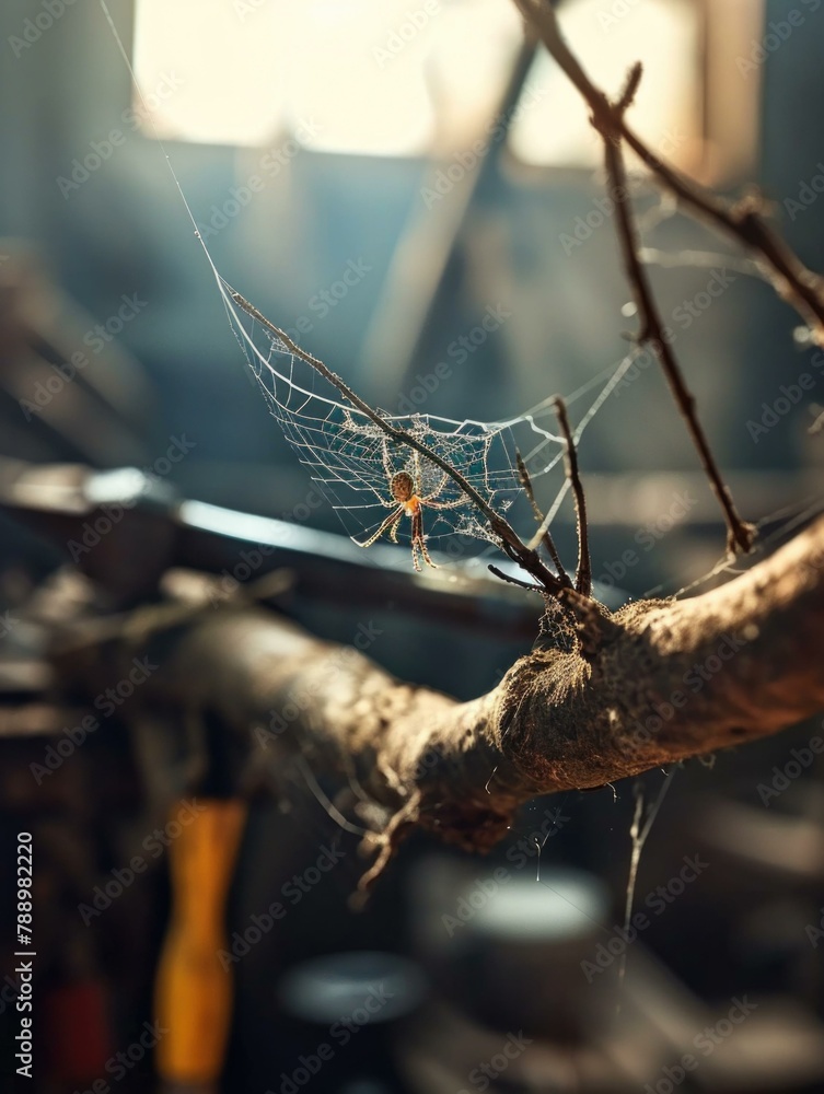 Poster a spider web hanging from a tree branch in the woods. generative ai.