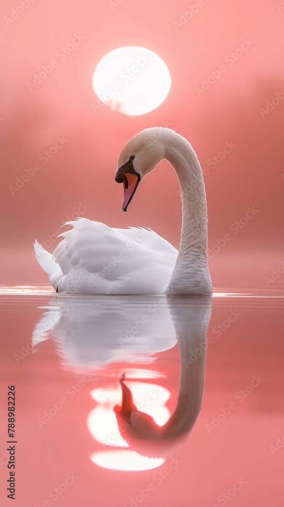 Poster a swan is floating on the water with a pink sun setting behind it. generative ai.