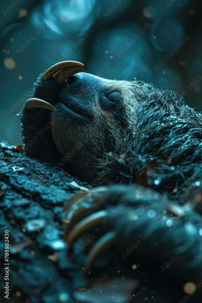Poster a sloth is sleeping on a tree branch with its eyes closed. generative ai.