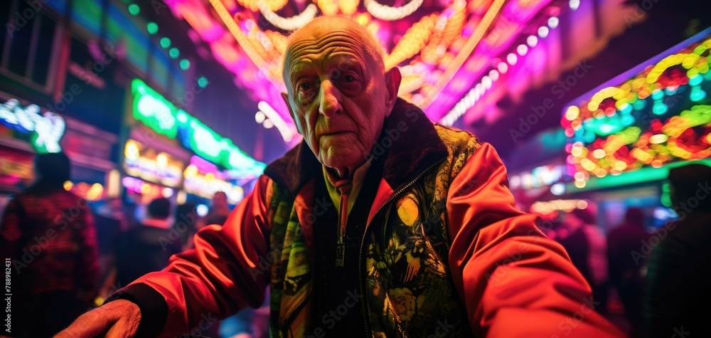 Poster a man in a red jacket standing next to some lights. generative ai.