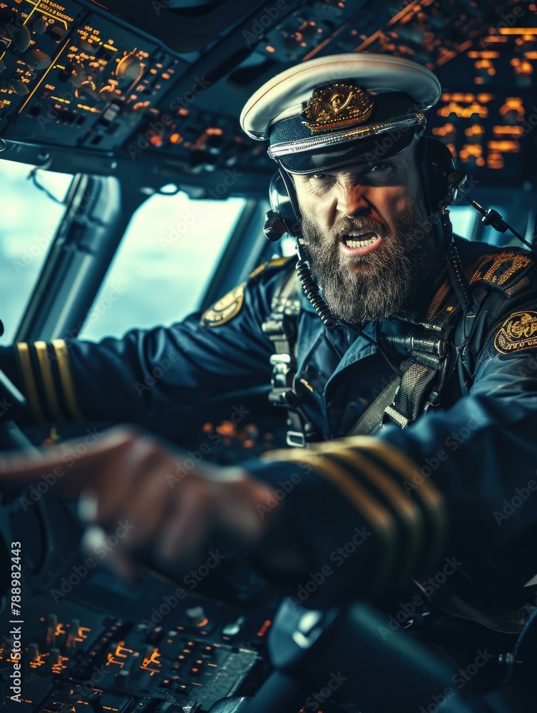 Poster a man in a pilot's uniform sitting at the controls of an airplane. generative ai.