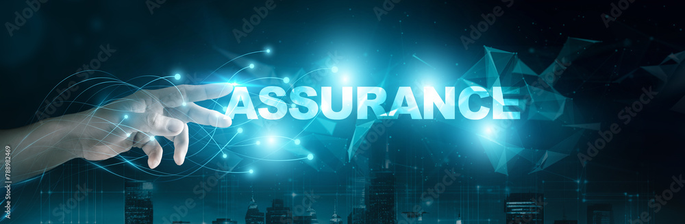 Poster assurance executive touching 'assurance' word on a global network connection interface, virtual scre