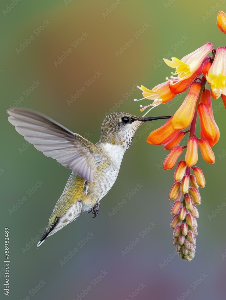 Poster a hummingbird hovering over a flower with its beak open. generative ai.