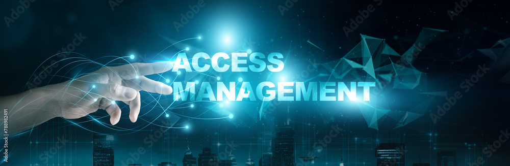 Poster businessman touching 'access management' word on a global network connection interface, with a virtu