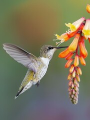 Fototapeta premium A hummingbird hovering over a flower with its beak open. Generative AI.