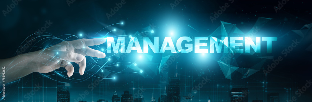 Poster manager touching 'management' word on global network connection concept, virtual screen with a dark 