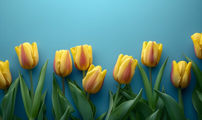 Naklejka premium Wallpaper featuring yellow tulips on a blue background, perfect for products display presentation or adding a pop of color to any room.