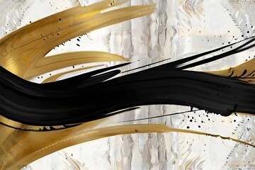 White, golden and black watercolor abstract painted background. Ink black street graffiti art on a...