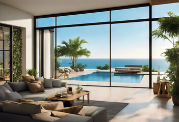 Fototapeta premium villa ning living home design swimming luxury terrace family pool room big view modern kitchen holiday Interior house 3d Sea Vacation beach