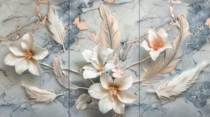 Elegant Triptych Wall Art with Marble and Floral Motifs