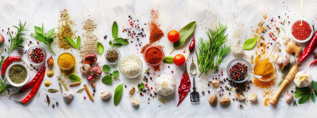 A vibrant composition consisting of a variety of colorful spices, aromatic herbs and a variety of kitchen utensils, elegantly arranged against a light background.