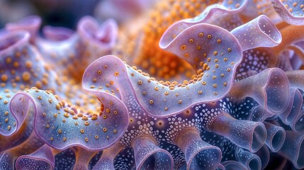 Close up of coral reef sea anemones in hues of purple and orange