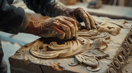 A mason's weathered hands carefully carving a decorative design into a piece of limestone for a home entrance - obrazy, fototapety, plakaty