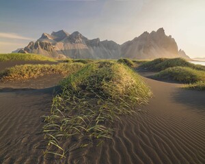Scenic view of the majestic Vestrahorn mountain range at sunrise
