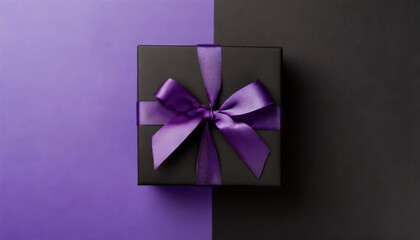 Top view photo of black giftbox with purple ribbon bow on isolated bicolor violet and black background with copyspace
