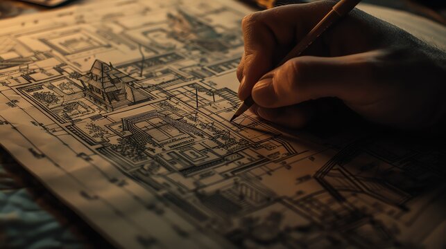 A photorealistic close-up of an architect's hand, weathered and marked with pen lines, meticulously sketching intricate details onto a house plan spread across a worn drafting table. Sunlight streams 
