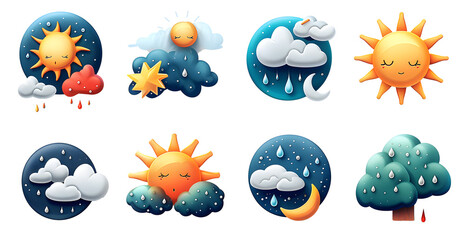 A set of eight different weather icons, including a sun, rain, and clouds