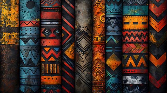 Fototapeta African art, wall and ancient background with creative pattern with symbol of culture in geometric mural. Temple, column and tribal carving of shape in surface with painting in gold, red and blue
