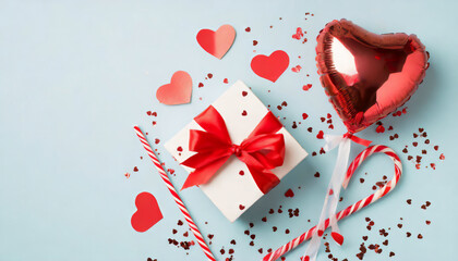 Top view photo of valentine's day decor giftbox with red bow straws adhesive tape heart shaped balloon confetti and sequins on isolated pastel blue background with copyspace
