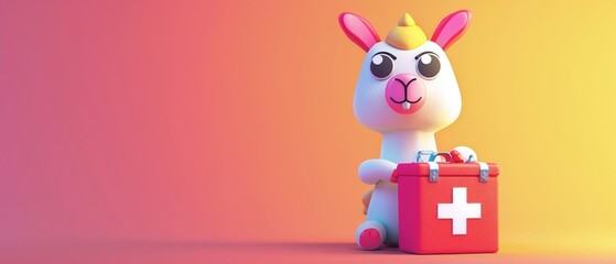 Fototapeta premium Cartoon llama character holding first aid box, eager to help, bright eyes, vibrant colors, cheerful background