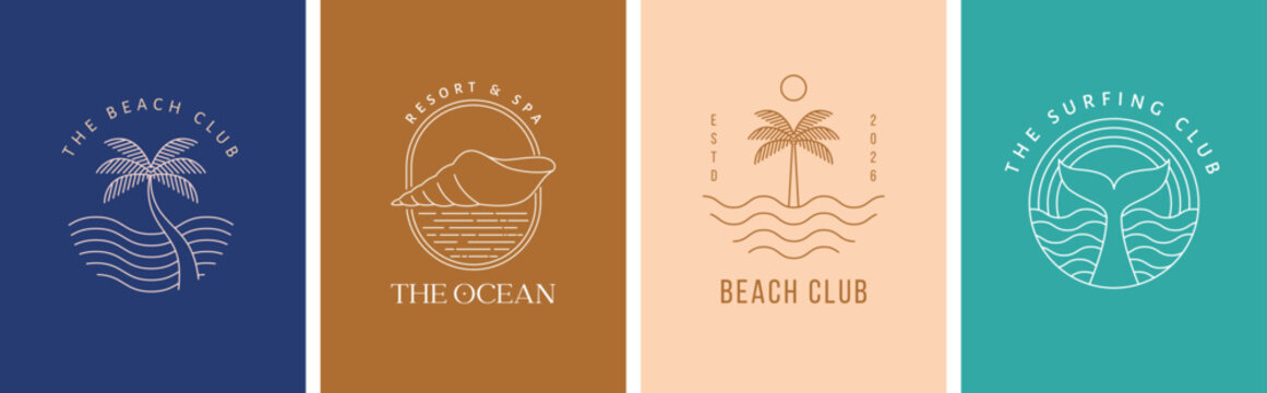 Bohemian linear logos, icons and symbols, sea, ocean, beach and surfing. Sun, seashell and palm design templates, geometric abstract design elements for decoration