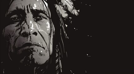 Black and white of a American Indian face, Ink illustration