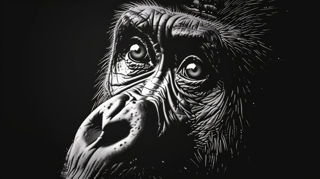 In black and white, an ink illustration featuring sad-eyed gorillas