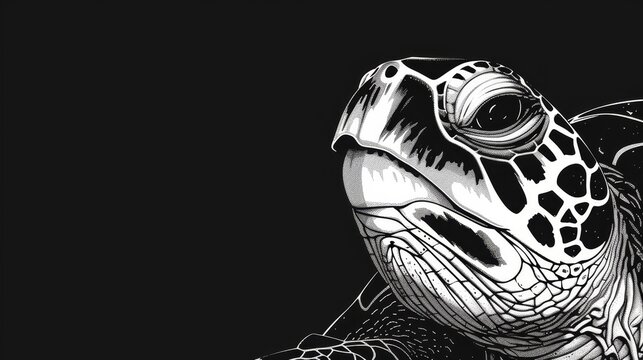 On a black background, an ink illustration depicts turtles facing