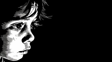 A boy with sad eyes depicted in ink illustration, in black and white