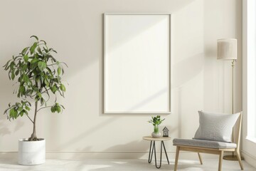 Scandinavian style living room with poster mockup created with generative ai