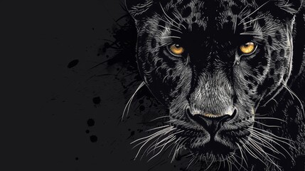 An ink illustration of a panther face against a black background