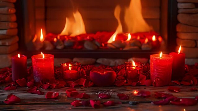Romantic Fireplace with Candles and Rose Petals. Concept Romantic Settings, Fireplace Decor, Candlelit Ambiance, Intimate Photography