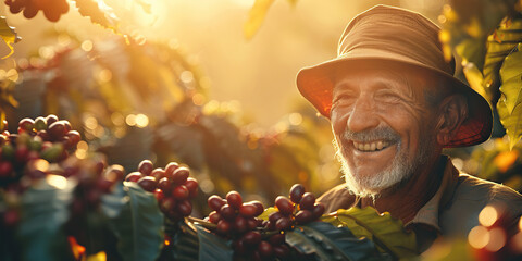 Portrait of smiling senior farmer showing his freshly harvested Arabica coffee beans. Summer sunlight. Happy Latin old man wearing hat in a coffee crop. He picking harvested coffee berries from tree - obrazy, fototapety, plakaty