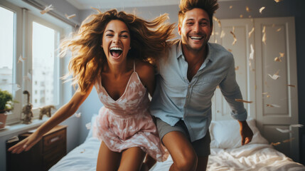 A beautiful, happy couple jumps to the music on the bed. An atmosphere of happiness and love. Generative AI - Powered by Adobe