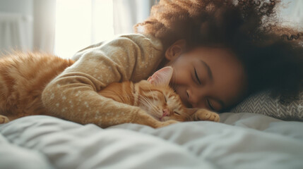 A little girl tenderly hugs her kitten and lies on the bed in the morning in a bright bedroom. Friendship concept between child and pet, copy space for text
 - obrazy, fototapety, plakaty