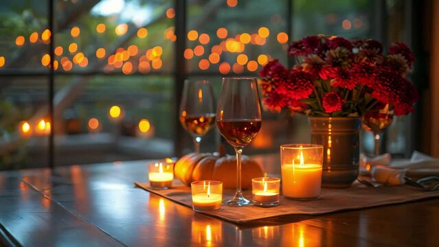 Warm & Festive Thanksgiving Dinner Ambiance with Candlelight. Concept Thanksgiving Dinner, Warm Ambiance, Candlelight, Festive Decorations, Cozy Atmosphere