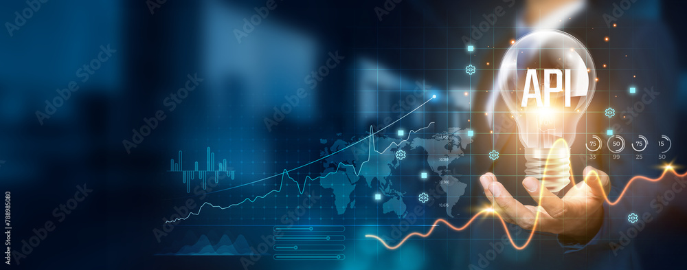 Poster businessman holding a creative light bulb with a growth graph and api icons. harnessing api innovati