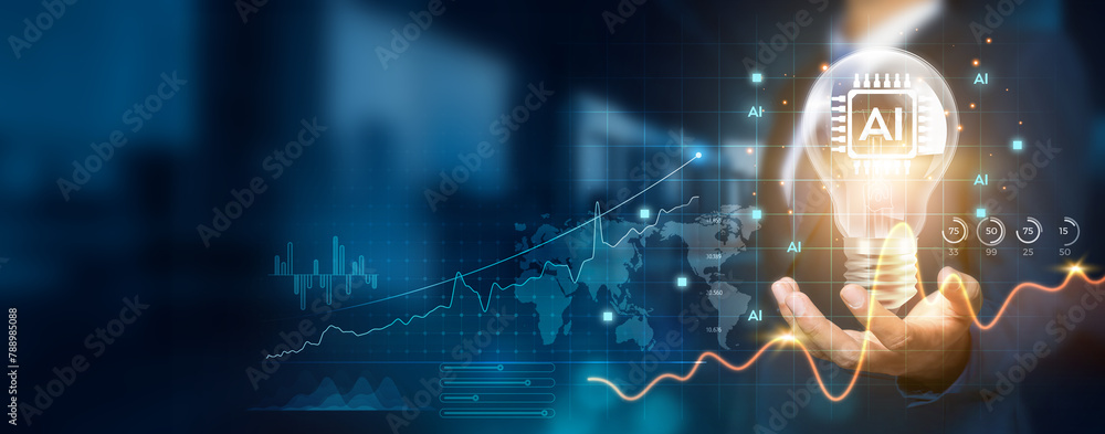 Poster artificial intelligence holding creative light bulb with growth graph and innovative ai icons. lever
