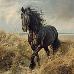 tier, Pferd, hengst, schwarz, mähne, wild, lauf, Düne, Himmel, gräser, animal, horse, stallion, black, mane, wild, run, dune, sky, grasses