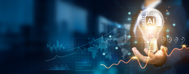 Artificial intelligence holding creative light bulb with growth graph and innovative AI icons....