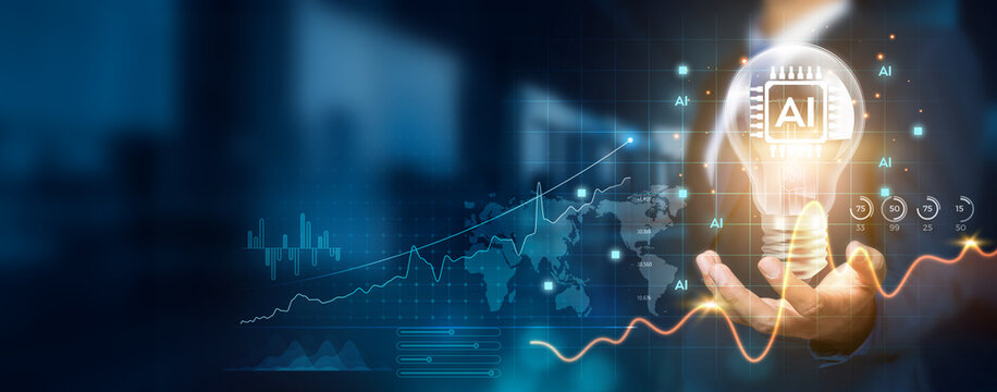 Artificial intelligence holding creative light bulb with growth graph and innovative AI icons. Leveraging AI technology to develop new strategies and solutions that enhance success.