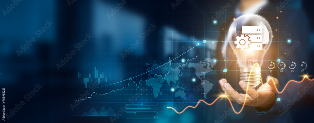 Poster businessman holding creative light bulb with growth graph and database icons. leveraging innovation 