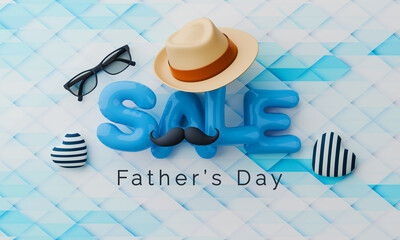 A blue background with a white font that says "Happy Father's Day Sale". There are several items on the background, including a hat, a tie, a pair of sunglasses, and a heart