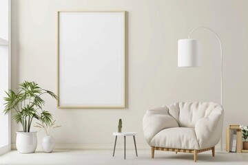 Scandinavian style living room with poster mockup created with generative ai