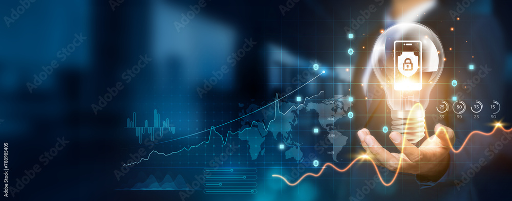 Poster businessman holding creative light bulb with growth graph and mobile security icons. mobile security